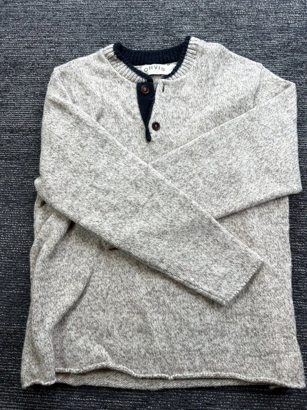 Orvis Sporting Traditions Mens L Gray Wool Henley Pullover Sweater Navy